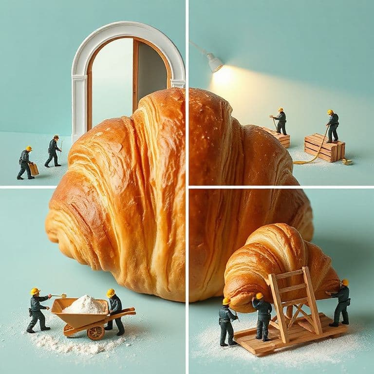 Four-panel square canvas showing a hyper-realistic tilt-shift macro photograph in 8K of a gigantic golden-brown croissant on a pastel-turquoise background treated like a construction site by miniature workers—top-left a soft diagonal sunbeam pours through an arched doorway as three figures push and pull the croissant inside with a ladder against the wall; top-right a focused spotlight illuminates the pastry while two workers measure it with a tape and one stands on a wooden crate amid a dusting of flour; bottom-left a close-up reveals a sliced end where two tiny figures shovel airy crumb into a wheelbarrow under shallow depth of field; bottom-right three workers heft the flaky croissant on a miniature wooden stretcher—captured at f/2.8 with an 85 mm macro lens, high contrast cinematic lighting, sharp puff-pastry texture, soft pastel color palette, in the combined photographic style of Clayton Haugen and miniature-artist Tatsuya Tanaka.