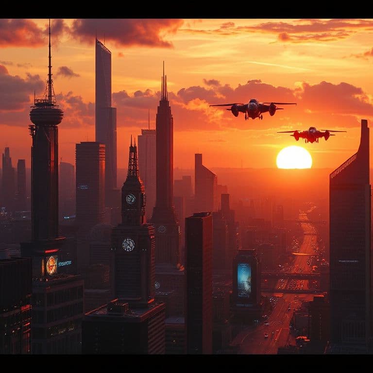 Futuristic cityscape at sunset with neon lights and flying vehicles