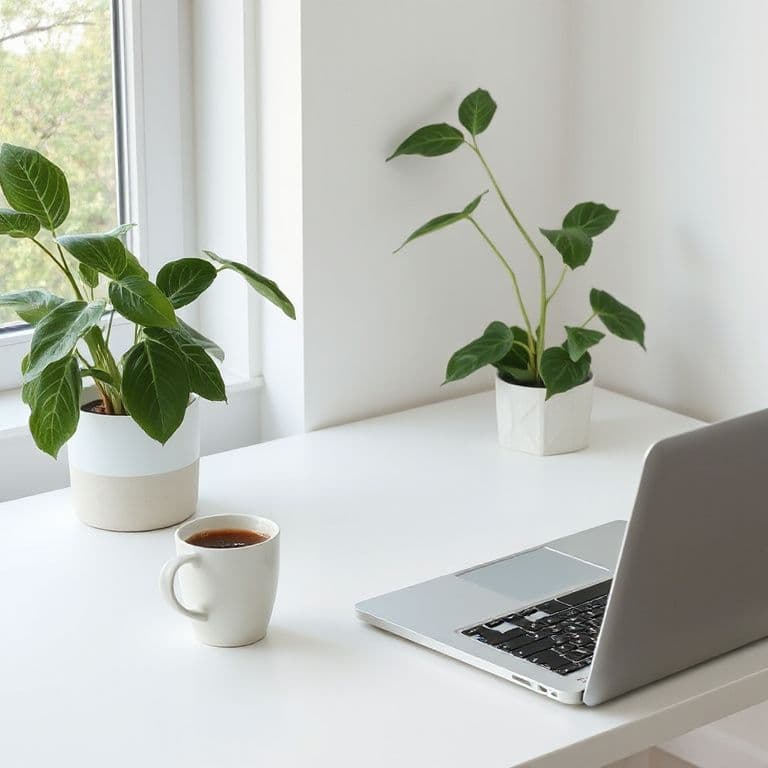 Minimalist workspace with a laptop, coffee cup, and plants