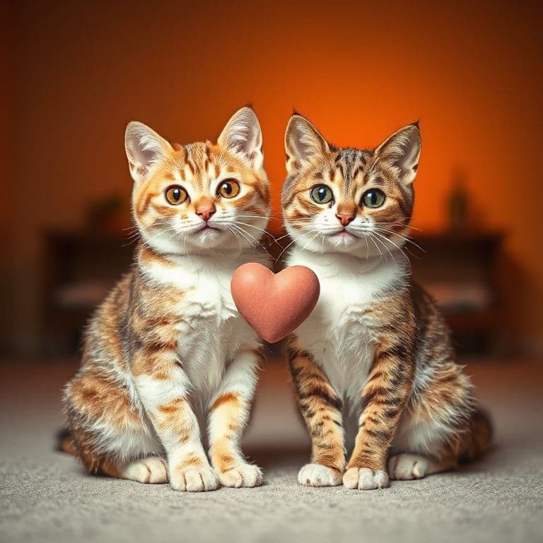 two cute cats with the words "Mary" and "James" and the heart in between. The fonts are full bold and soft, like the heart is too. In a studio with light orange ambient lighting
