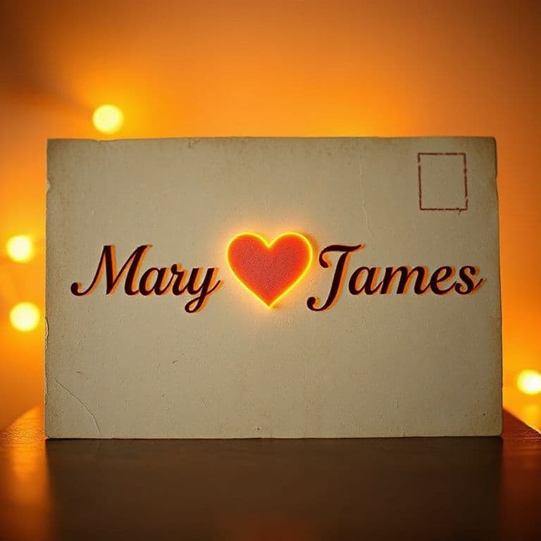 A classical postcard with the words "Mary" and "James" and the heart in between. On de studio with light orange ambiant lighting