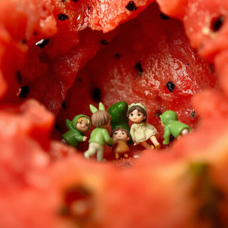 Miniature characters exploring or playing inside a watermelon, high detail, whimsical mood, photorealistic textures, macro perspective.