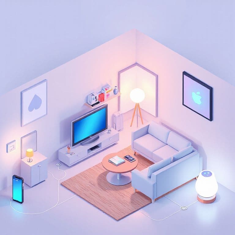 Isometric illustration of a modern smart‑home interior, multiple connected IoT devices glowing with subtle blue indicators, clean pastel colour palette, fine line‑work, soft shadows, vector‑like crispness, suitable for explainer graphic
