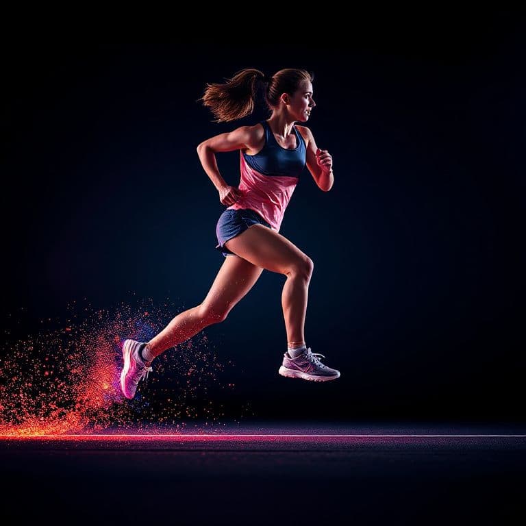 Dynamic action poster: female sprinter mid‑stride, particles of neon colour exploding from her shoes, motion‑blur trailing behind, dramatic rim‑light against a dark gradient backdrop, cinematic depth of field, 4 K detail, high contrast