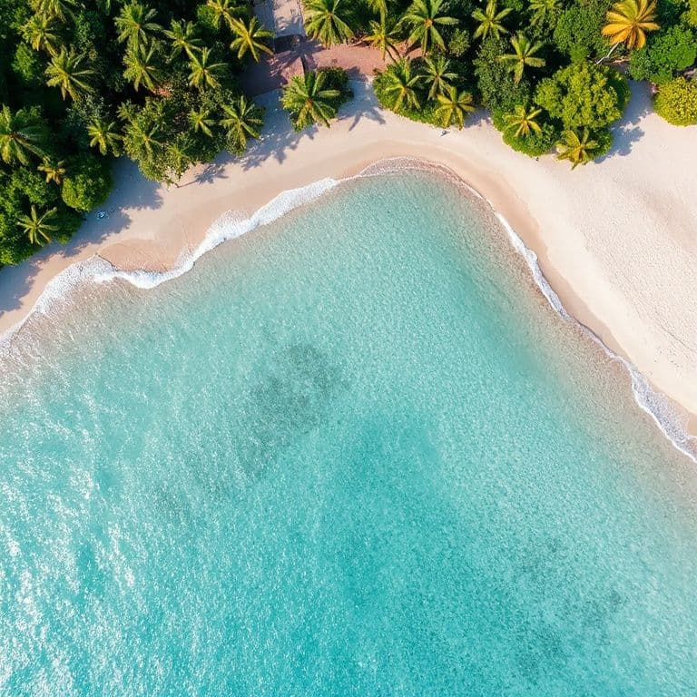 Aerial view of a tropical beach with turquoise water and white sand