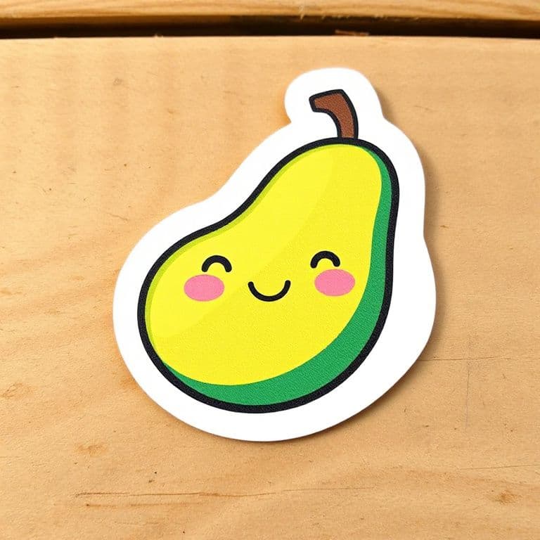 Cute and trendy sticker with colorful illustration of a smiling avocado on a white background