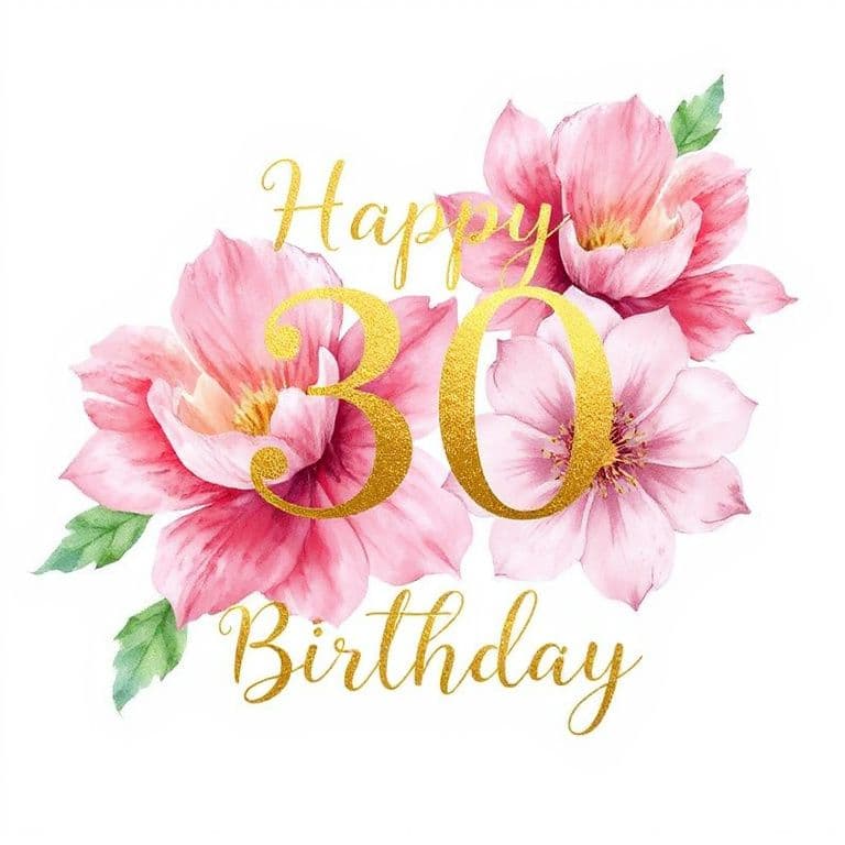 Elegant watercolor birthday card with pink peonies and gold lettering saying 'Happy 30th Birthday'