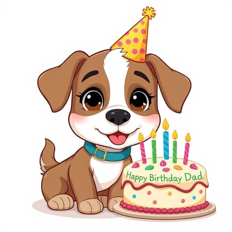 A cute cartoon dog wearing a party hat next to a birthday cake with the words 'Happy Birthday Dad'