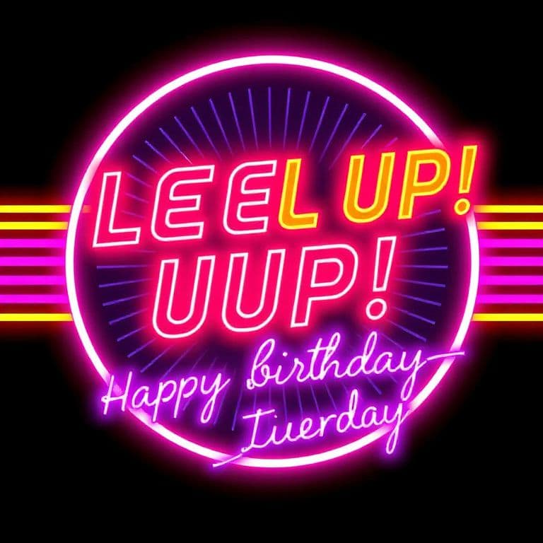 Retro 80s style birthday card with neon colors and the text 'Level Up! Happy Birthday'