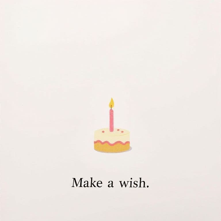 Minimalist birthday card with a single candle on a small cake, soft pastel background, the words 'Make a wish'