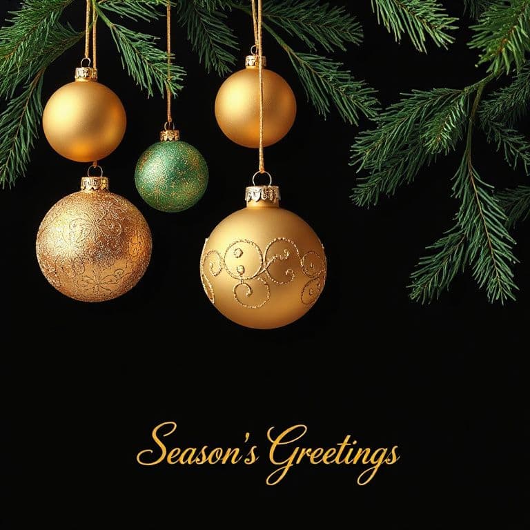 Elegant Christmas card with gold and green ornaments on a dark background and the words 'Season's Greetings'