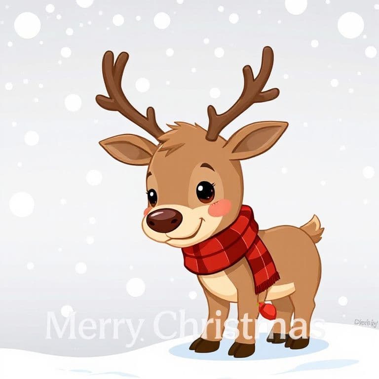 Cute cartoon reindeer wearing a red scarf in the snow with the text 'Merry Christmas'
