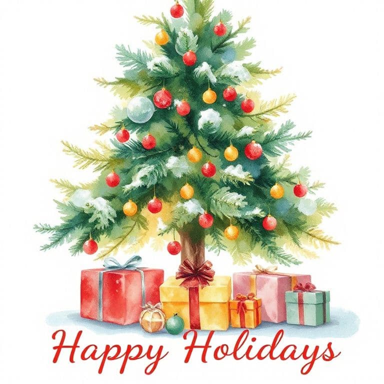 Watercolor Christmas tree with presents underneath, soft winter colors, the words 'Happy Holidays'