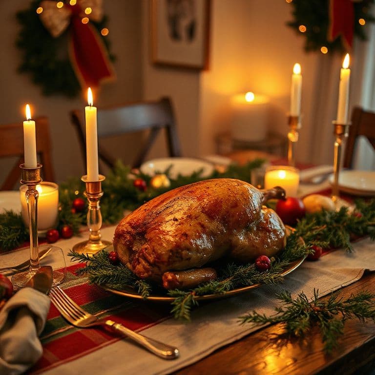 A festive Christmas dinner table with candles, pine branches and a roast, warm golden lighting, lifestyle photography