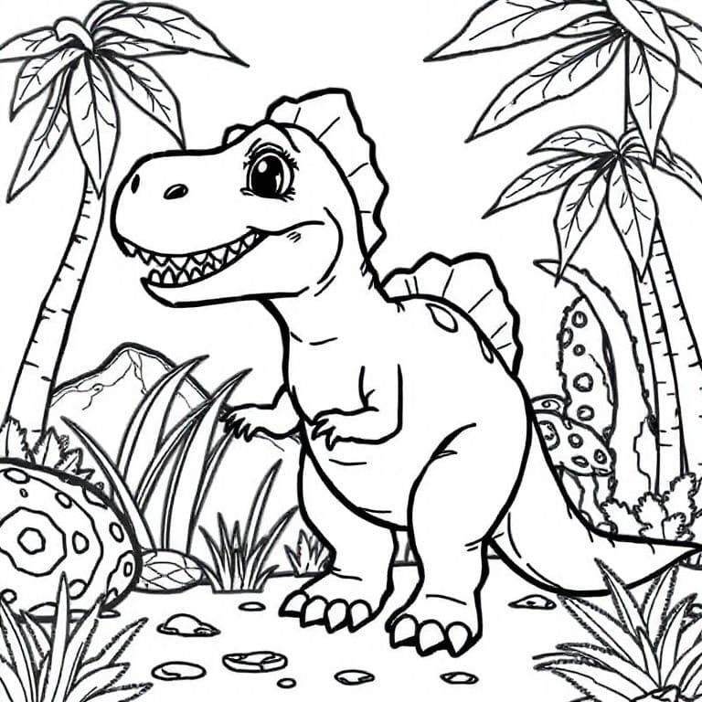 Coloring page of a friendly dinosaur in a jungle, thick black outlines, white background, no shading, for kids