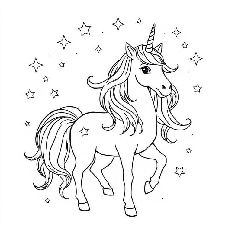 Coloring page of a unicorn with a flowing mane and stars, simple bold lines, white background, no color