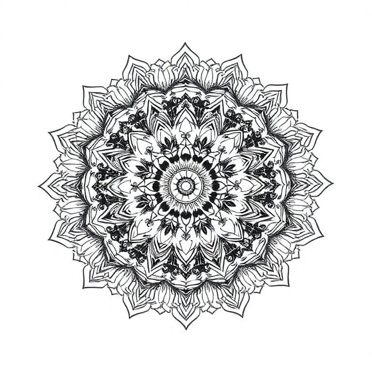 Intricate mandala coloring page for adults, detailed black line art, white background