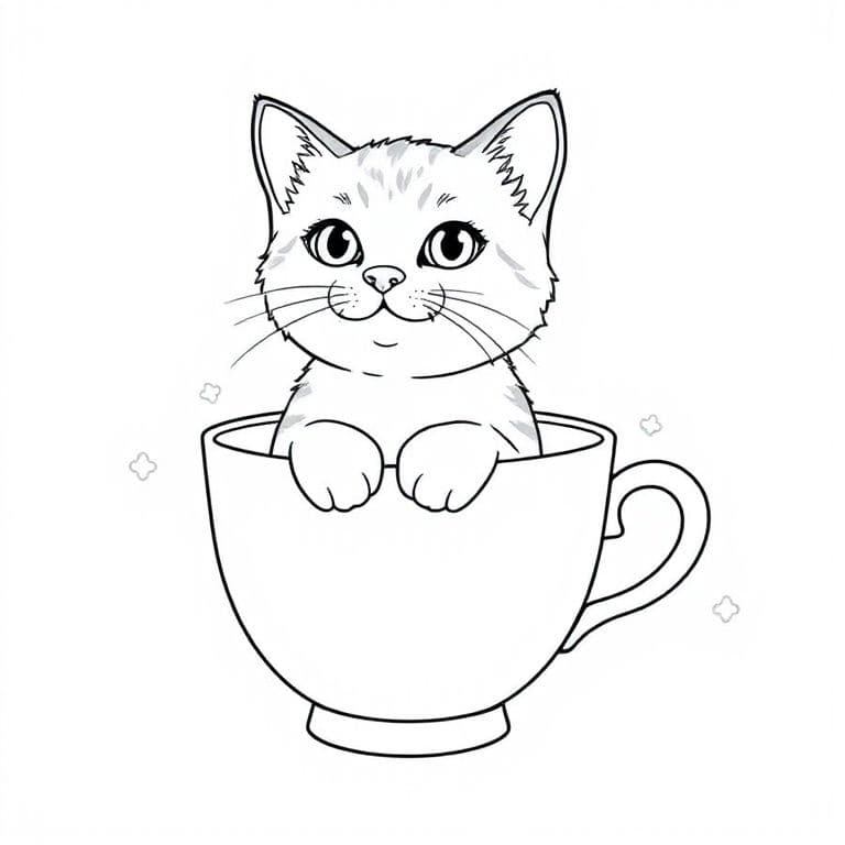 Coloring page of a cute cat sitting in a teacup, clean outlines, white background, no shading