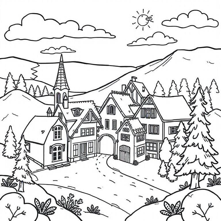 Coloring page of a cozy village with houses and trees, black and white line art, for kids