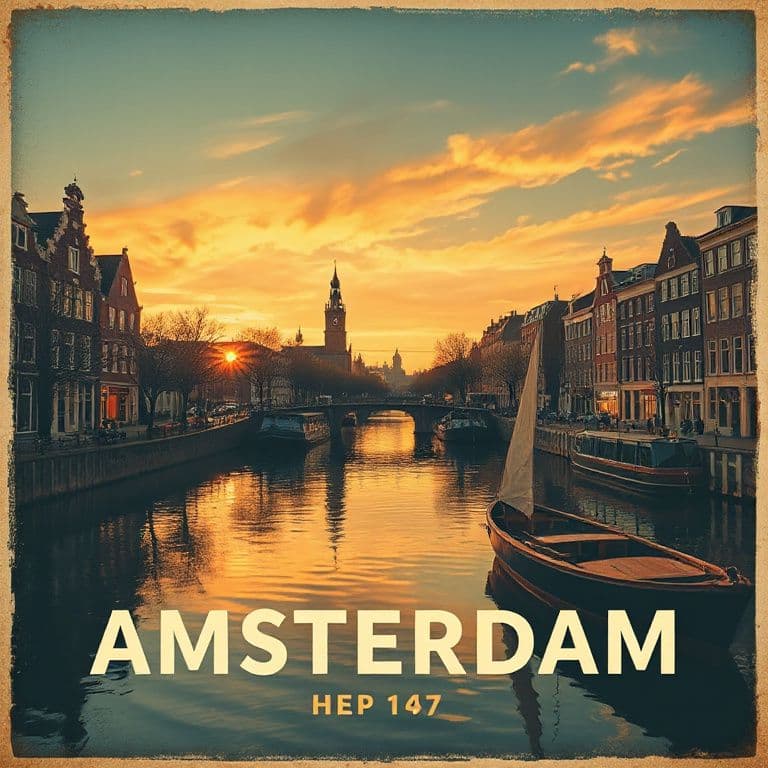 Retro travel poster of Amsterdam canals at sunset with the text 'AMSTERDAM', vintage print style, warm colors