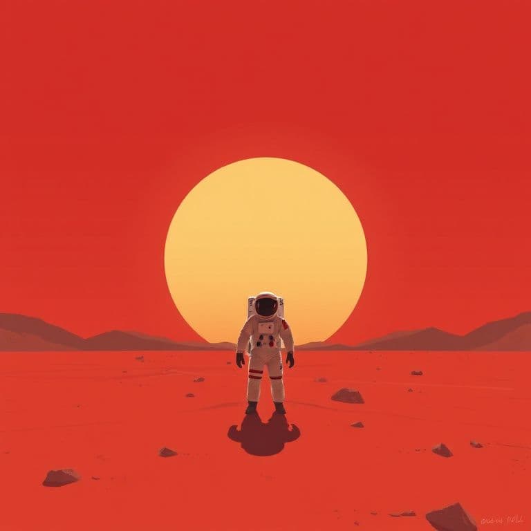 Minimalist movie poster of a lone astronaut on a red planet, huge sun on the horizon, cinematic