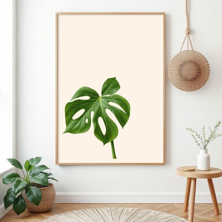 Botanical wall art poster with a monstera leaf, soft beige background, Scandinavian style