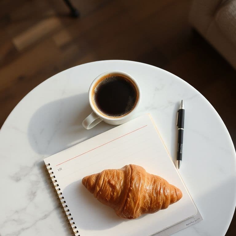 Flat lay of a cappuccino, croissant and notebook on a marble table, morning light, Instagram aesthetic