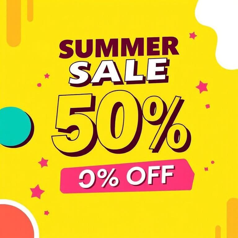 Bold promotional image with the text 'SUMMER SALE 50% OFF', bright yellow background, playful shapes