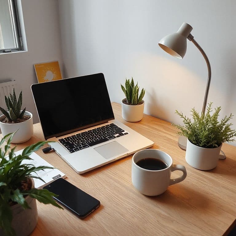 Minimalist workspace with a laptop, coffee cup, and plants