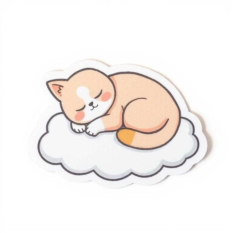 Kawaii sticker of a sleepy cat curled up on a cloud, thick white border, pastel colors, white background