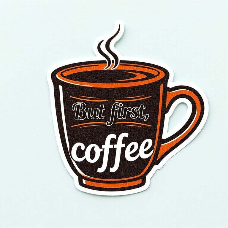 Die-cut sticker of a retro coffee cup with the words 'But first, coffee', bold outlines, vibrant colors