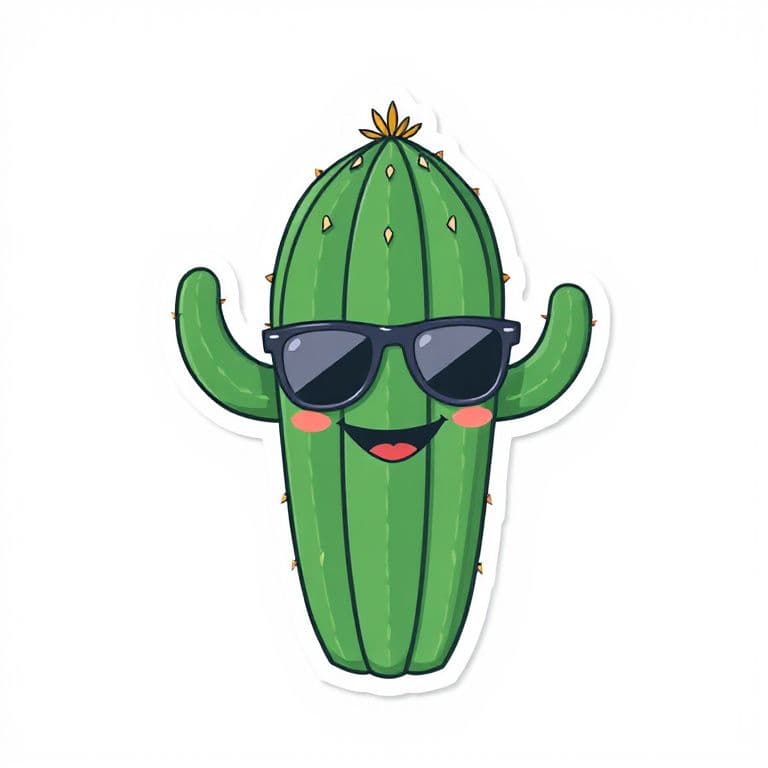 Sticker of a happy cactus wearing sunglasses, flat vector style, thick white outline, white background