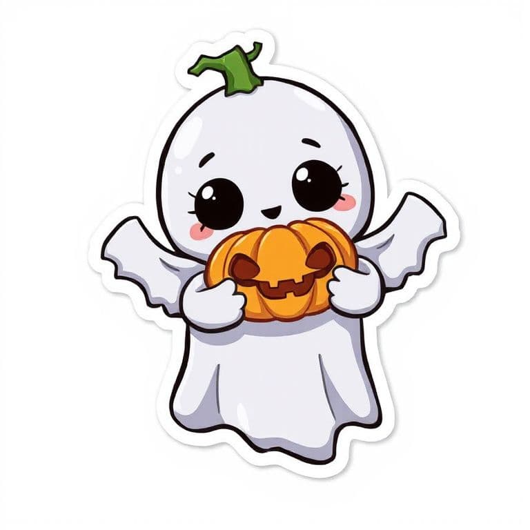 Cute ghost sticker holding a pumpkin, cartoon style, soft shading, white border, white background