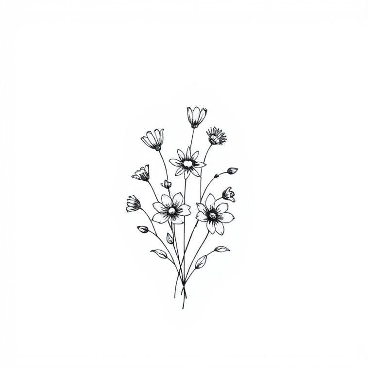 Fine line tattoo design of a small wildflower bouquet, black ink on white background, minimalist