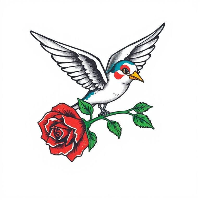 Traditional American tattoo design of a swallow carrying a rose, bold outlines, red and green, white background
