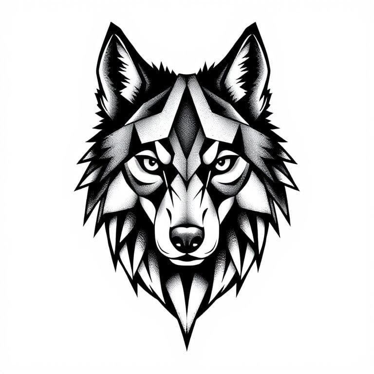 Blackwork tattoo design of a geometric wolf head, sharp lines, dotwork shading, white background