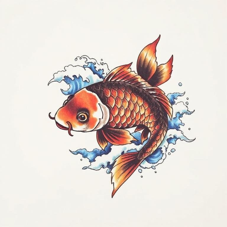 Japanese style tattoo design of a koi fish swimming through waves, vibrant colors, white background