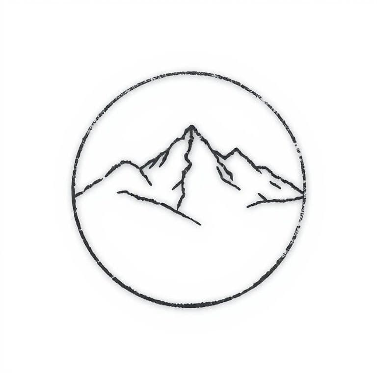 Minimalist tattoo design of a mountain range inside a circle, single line art, black ink
