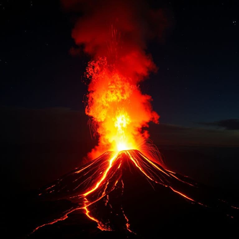 Dramatic YouTube thumbnail background of an exploding volcano at night, high contrast, vivid orange and black
