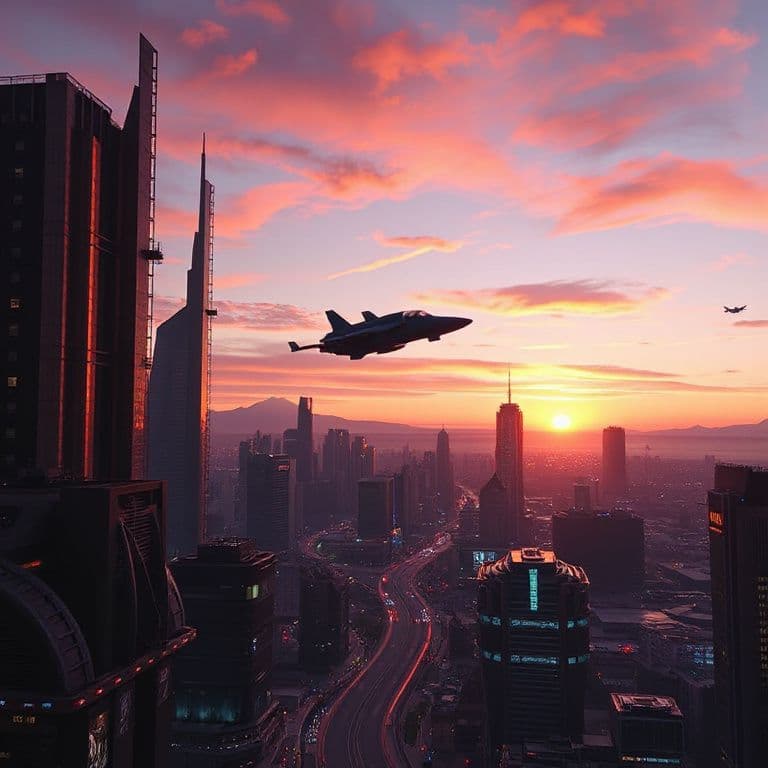 Futuristic cityscape at sunset with neon lights and flying vehicles