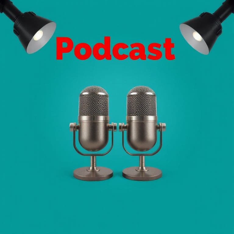 Podcast cover with two vintage microphones on a bold teal background, studio lighting
