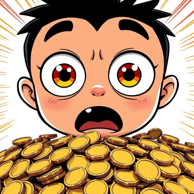 A shocked cartoon character with huge eyes in front of a pile of gold coins, bright colors, comic style