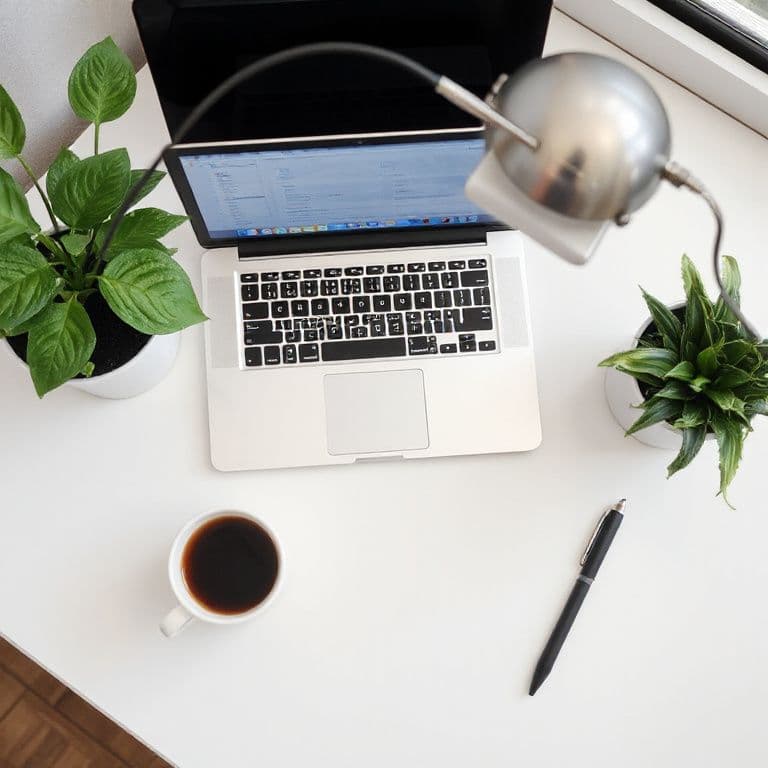 Minimalist workspace with a laptop, coffee cup, and plants