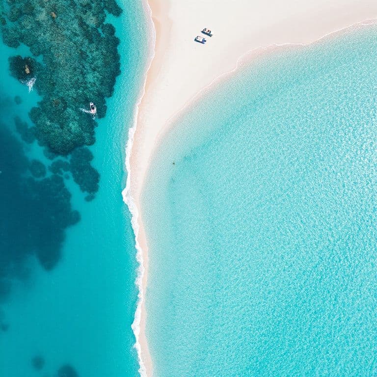 Aerial view of a tropical beach with turquoise water and white sand