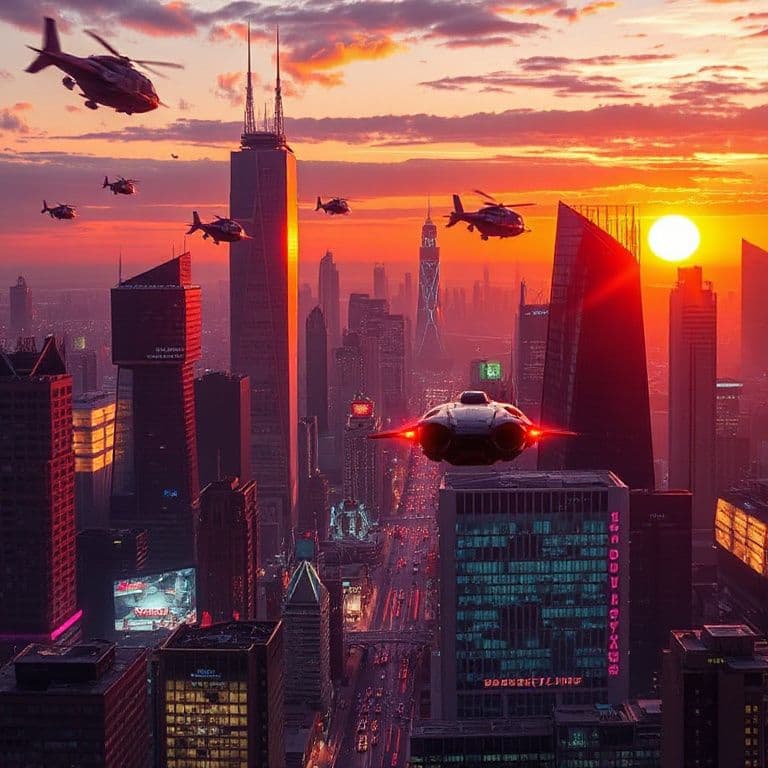 Futuristic cityscape at sunset with neon lights and flying vehicles
