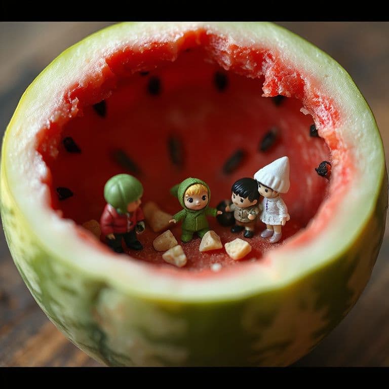 Miniature characters exploring or playing inside a watermelon, high detail, whimsical mood, photorealistic textures, macro perspective