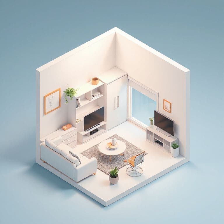 Isometric illustration of a modern smart-home interior, clean pastel colour palette, soft shadows, vector-like crispness