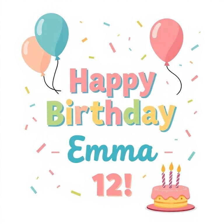 A cheerful birthday card with the text "Happy Birthday Emma" in bold playful lettering, pastel balloons, confetti and a small cake with candles, flat illustration, white background