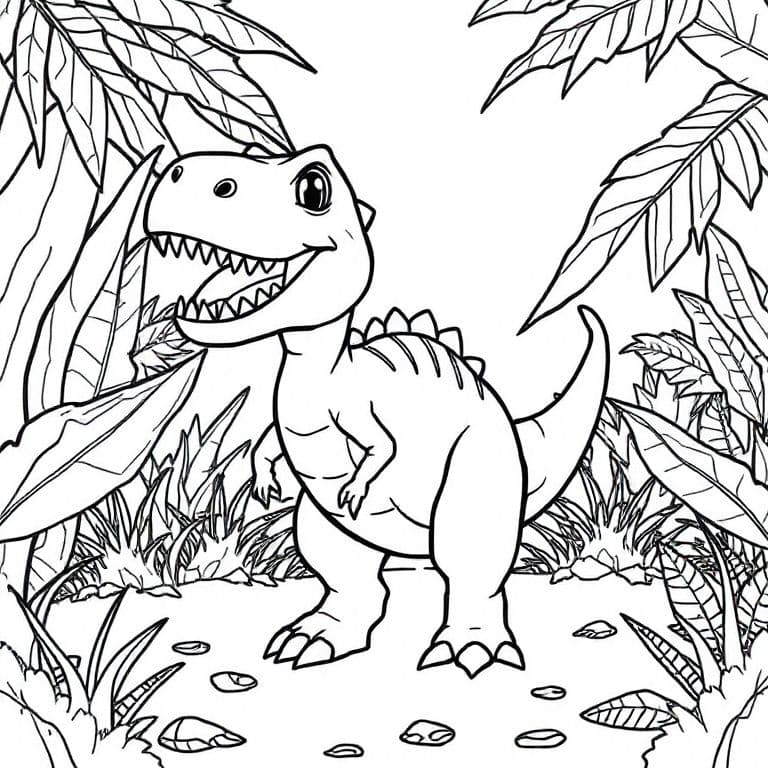 Children's coloring page, black and white line art of a friendly dinosaur in a jungle, thick clean outlines, no shading, white background