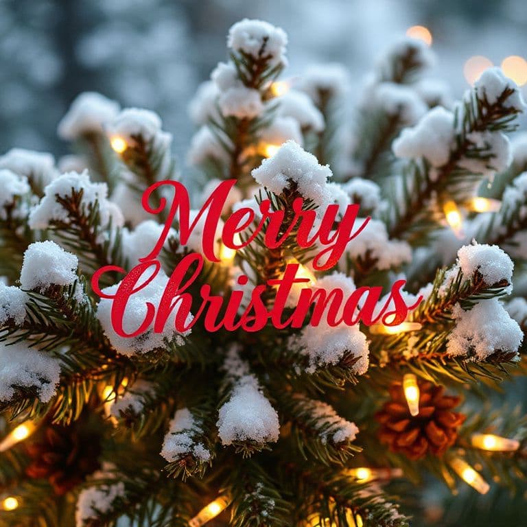 Christmas greeting card with the text "Merry Christmas" in elegant red script, snowy pine branches, warm fairy lights, cozy festive atmosphere